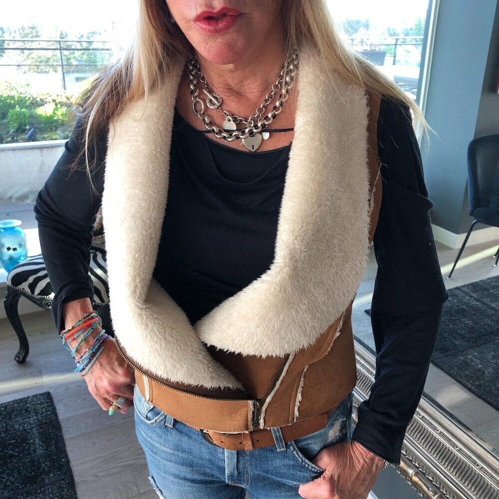 NAMELESS Faux Sherpa Vest Jacket Thick Warm Sleeveless Cognac & Cream Moto Zip S